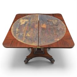 Victorian figured mahogany side table, fold-over swivel extending top, tapering square column above quatrefoil base
