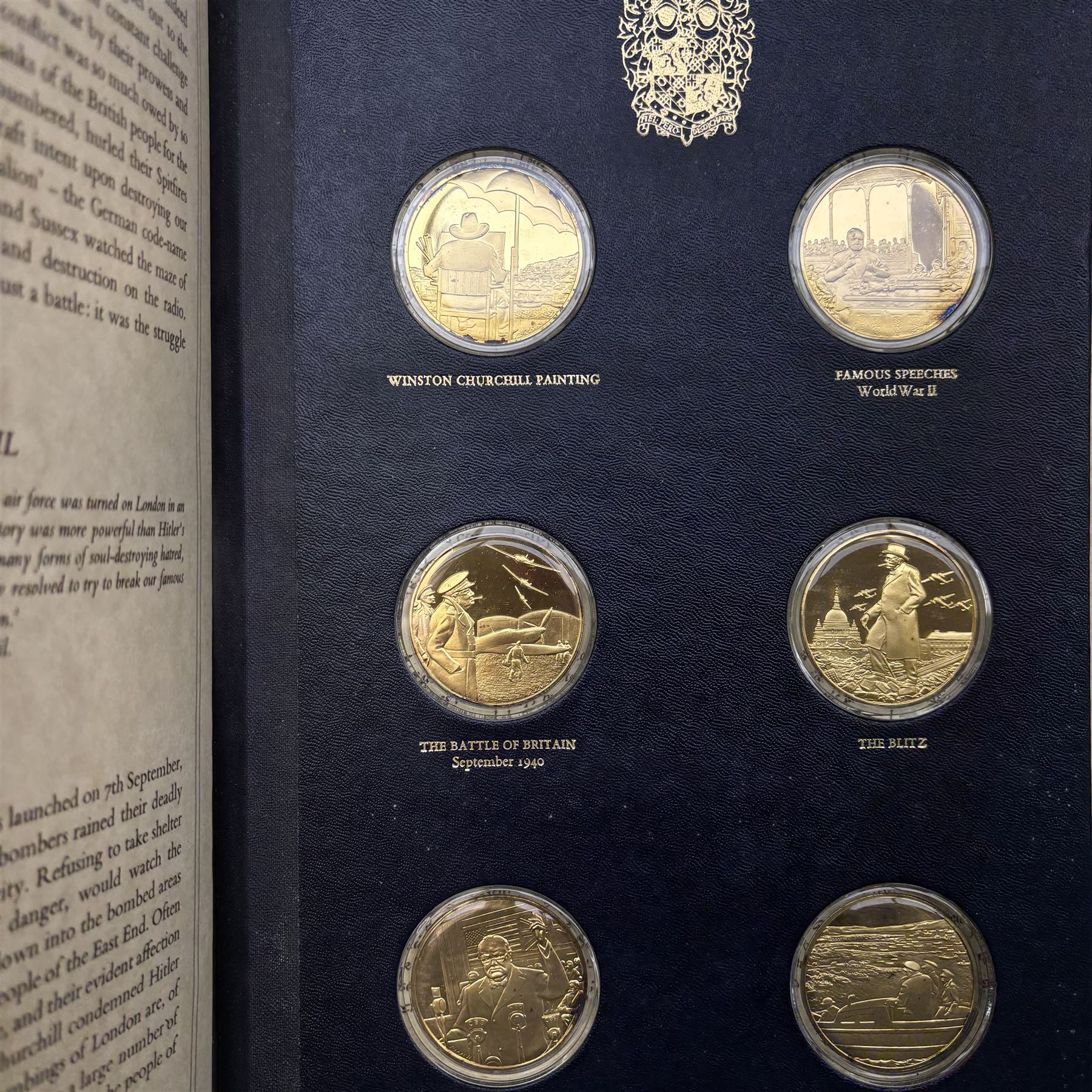 The Churchill Centenary Trust Medal Collection, 1974, a complete set of 24 silver-gilt medallions struck by John Pinches, issued by the Churchill Centenary Trust to commemorate the 100th anniversary of the birth of Winston Churchill; individually encapsulated with certificate of authenticity and housed in a leatherette display album