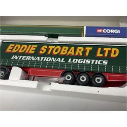 Corgi Eddie Stobart - three lorries; limited edition CC12802 Scania T-Cab Bulk Tipper; limited edition CC13201 DAF XF Super Space Cab Curtainside; and CC13401 MAN TGA Curtainside; all boxed (3)