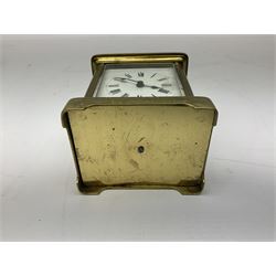 French brass framed carriage clock, the white dial with Roman numerals, with bevel glass panels and handle to top, H10cm