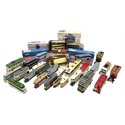 Corgi/EFE - eight die-cast models of buses including Routemasters in Exile set of four; all boxed; and twenty-four unboxed models of buses, coaches, trams and trolley buses (32)