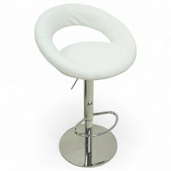 Sorento - Contemporary white leather bar stools, each with a circular padded seat and curved open backrest, on a height adjustable chrome pedestal support with footrest and circular base