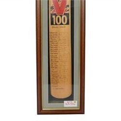 Two signed Slazenger V 100 cricket bats, the first example signed by the 'World's Top 10 Run Makers', with signatures including Graham Gooch, David Gower, Geoffrey Boycott, Gary Sobers and Viv Richards, the second example signed by a number of England's Cricket Captains, including Alec Stewart, Ken Cranston, Bob Willis, Allan Lamb, Mike Atherton and Ian Botham etc, both within glazed wooden display cases, case H99cm