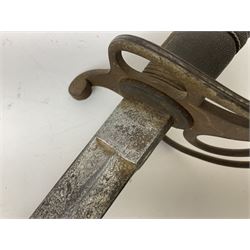 Victorian artillery officer's sword, the 90cm fullered steel blade by E. Thurkle Denmark Street Soho London decorated with Victoria cypher, Regimental crest and 'Royal Artillery', three-bar hilt with stepped pommel and wire-bound fish skin grip; in leather covered scabbard L107cm overall