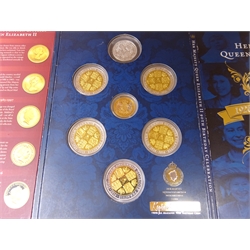  Her Majesty Queen Elizabeth II '1926-2016 Nine Decades Gloriously Accomplished' seven coin collection including 9ct gold coin and various Queen Elizabeth II coins housed in a 'Queen Elizabeth' folder with miniature gold coin (made up collection, not the coins intended for the folder)  
