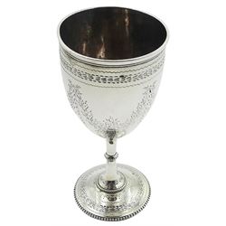 Victorian silver goblet, engraved with monograms, floral swags and stylised bands, and further detailed with beaded bands to stem and foot, hallmarked William Evans, London1866, H14cm, approximate weight 3.63 ozt (113 grams)