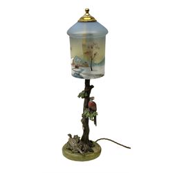 20th century cold painted bronze lamp, modelled in the form of a tree surmounted by two pheasants, with painted glass shade, overall H43cm
