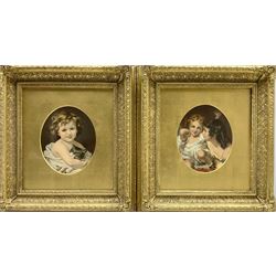 After Thomas Lawrence (British 1769-1830): 'The Calmady Children', oval colour print together with another similar housed in matching gilt frames 15cm x 13cm (2)