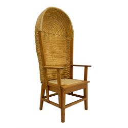 Reynold Eunson (1932–1978) for David Munro Kirkness, Kirkwall, Orkney - oak framed Orkney chair, woven straw canopy back, drop-in rush seat, the arm terminals carved with scrolls, on square tapering supports joined by plain stretchers, the front rail inscribed with makers marks