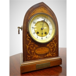  Edwardian inlaid mahogany lancet cased mantel clock, twin train movement half hour striking on a coil with Ganton Cricket Club Presentation plaque dated 1909, another silvered dial signed Benj. Harral, Barnsley and a small inlaid mantel clock with brass urn finials and feet, H33cm max (3)  
