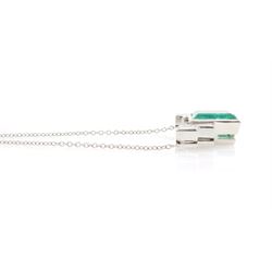 Platinum Siberian emerald and diamond necklace, single rectangular cut emerald of approx 5.70 carat, with two rectangular cut diamonds set either side, to a trace link chain necklace, hallmarked, total diamond weight approx 0.70 carat, the GCS certificate
