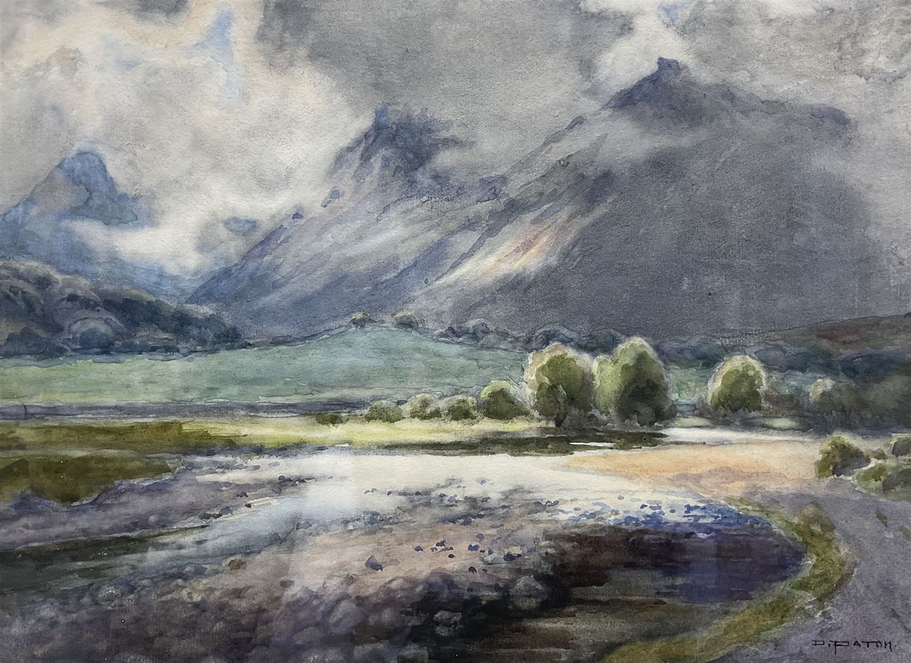Edward Horace Thompson (AKA Donald A Paton) (British 1879-1949): Highland River Landscape, watercolour signed 27cm x 37cm 
Notes: Thompson used the name Donald Paton when he painted Scottish scenes, presumably for a different agent than the name he used for his more common Lake District views.