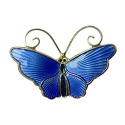 Norwegian silver blue guilloche enamel butterfly brooch, by David Andersen, stamped David Andersen Sterling Norway 925S, H2.3cm