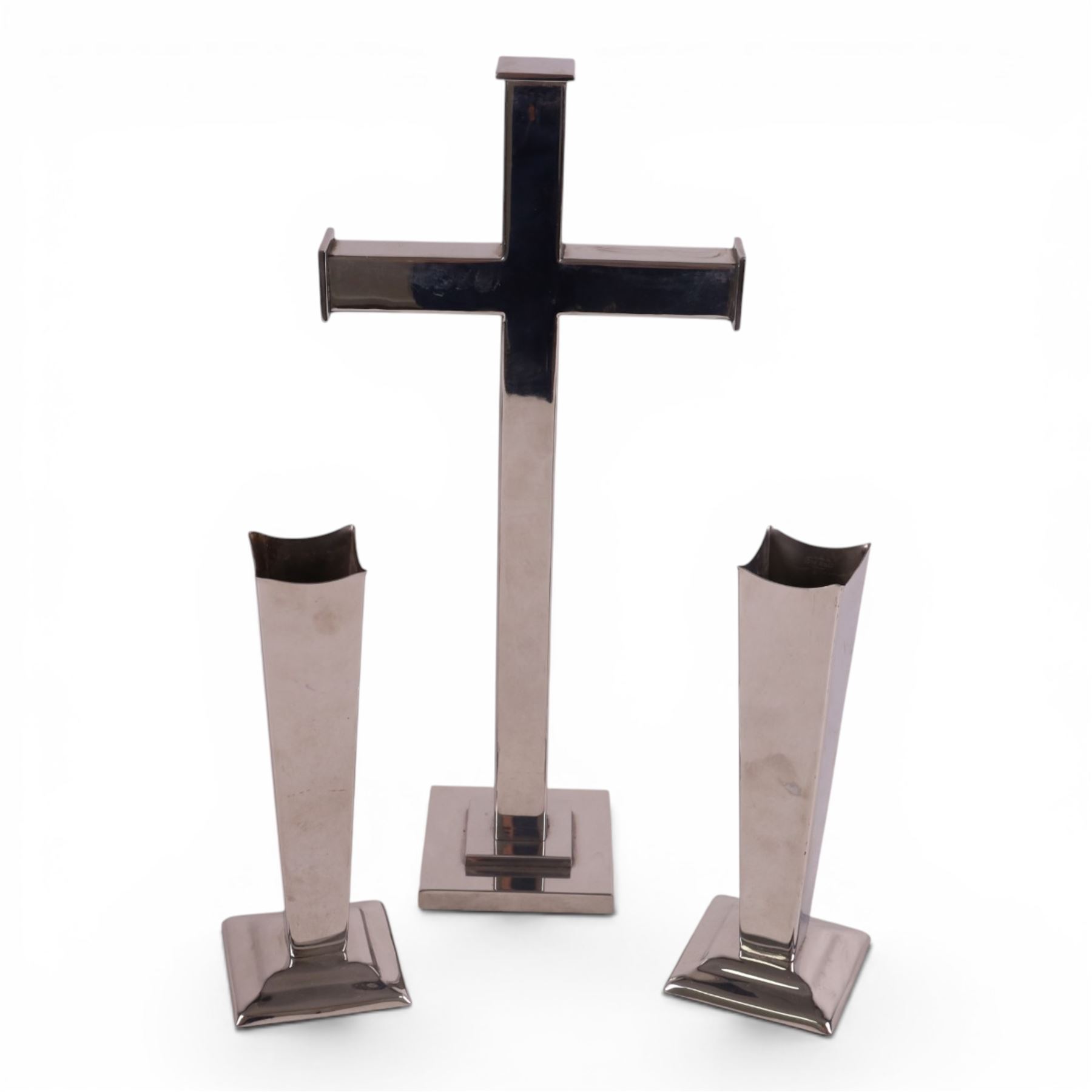 20th century chrome alter crucifix and matching vases, crucifix 39cm
