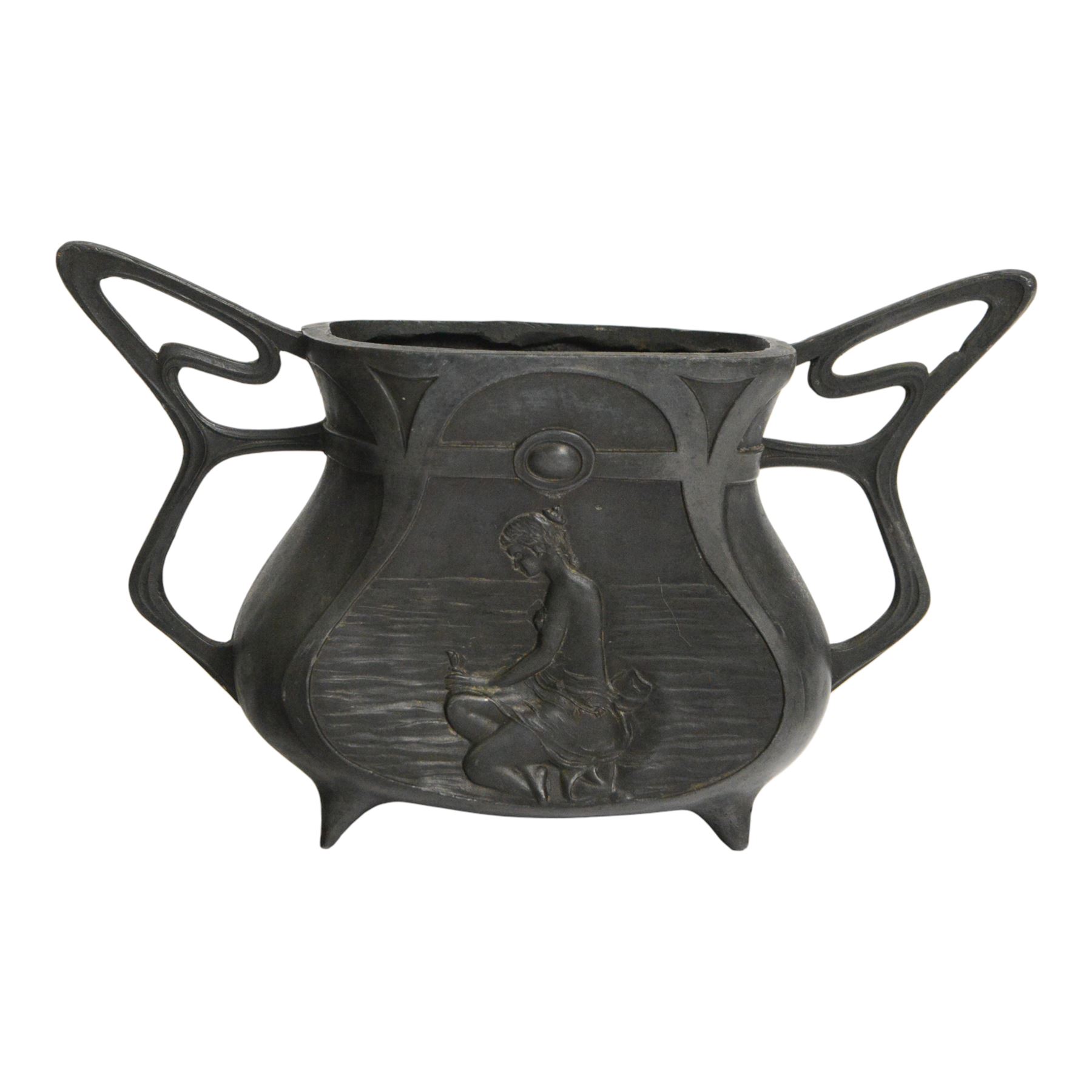 Twin handled Art Nouveau vase, decorated with a female figure by a river and flowers to the other side, with loop handles, H81cm  