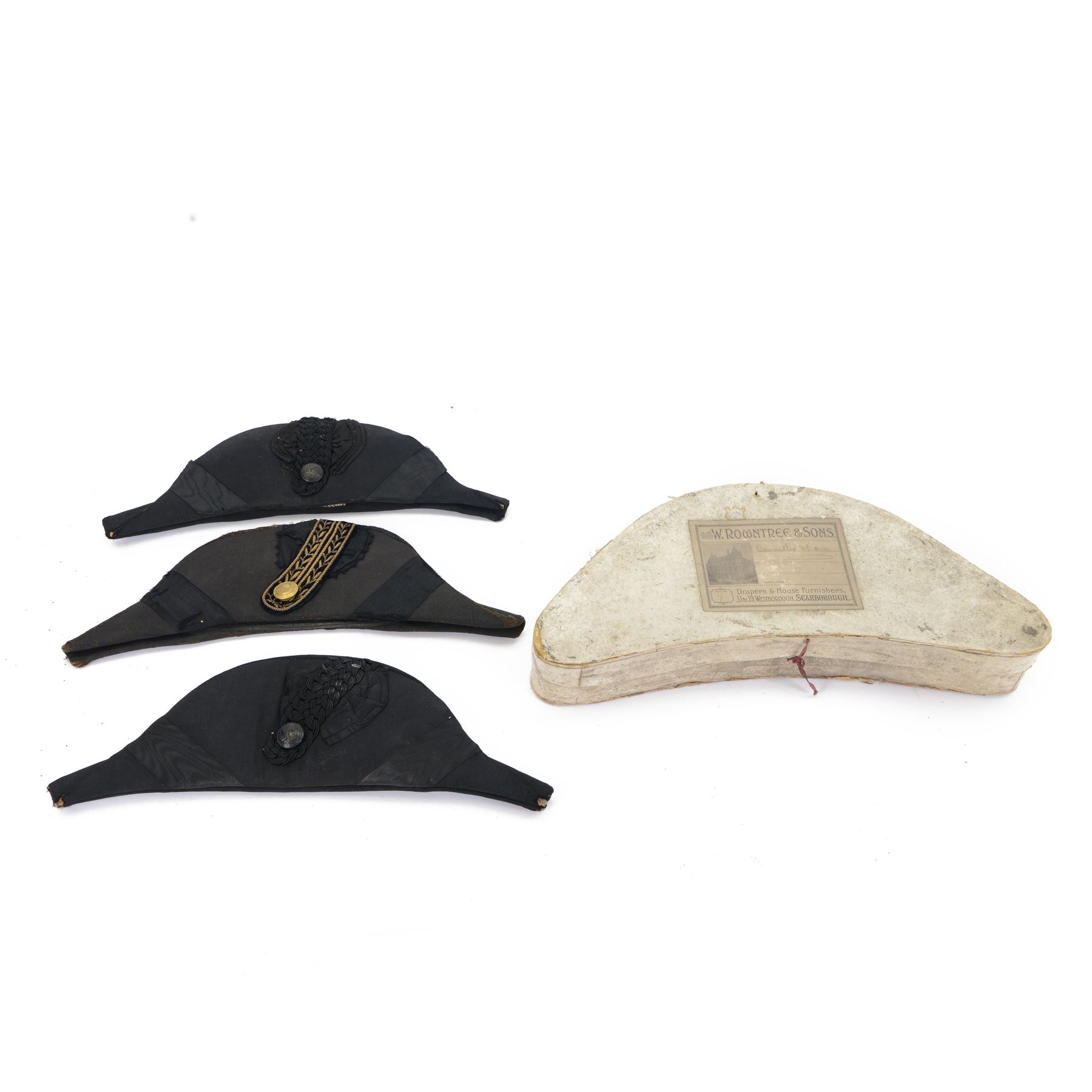 Bicorn hat by W. Rowntree & Sons, Scarborough, together with two others, all within a W. Rountree & Sons box 