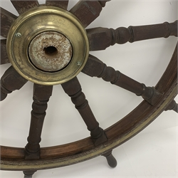 Very large 19th century ship's brass mounted oak wheel with iron hub and ten turned spindles and handles D168cm. Reputedly discovered in a country house between Stokesley and Ayton.
