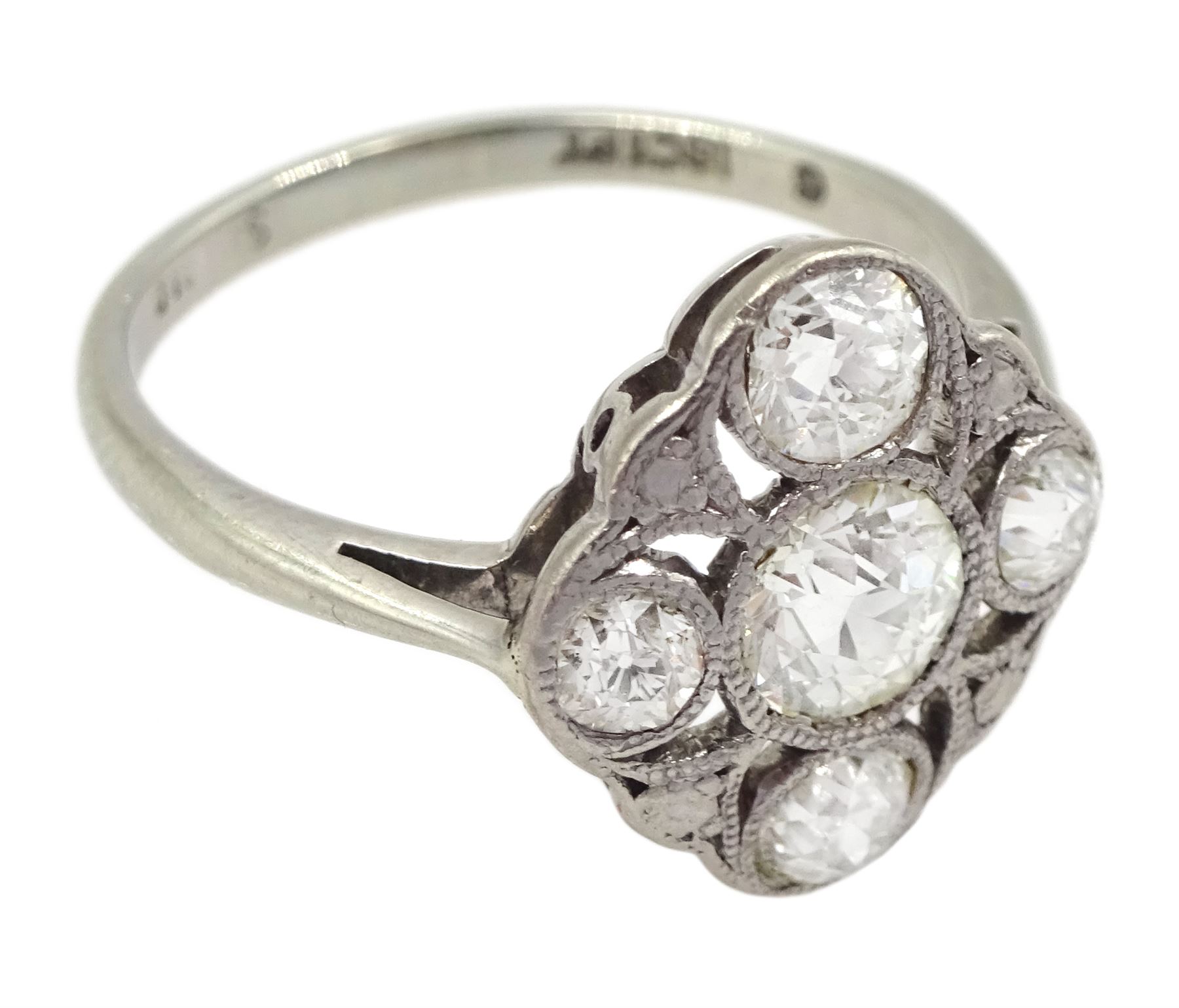 Art Deco 18ct gold and platinum five stone milgrain set old cut diamond openwork ring, stamped 18ct Pt, principal diamond approx 0.40 carat, total diamond weight approx 1.00 carat