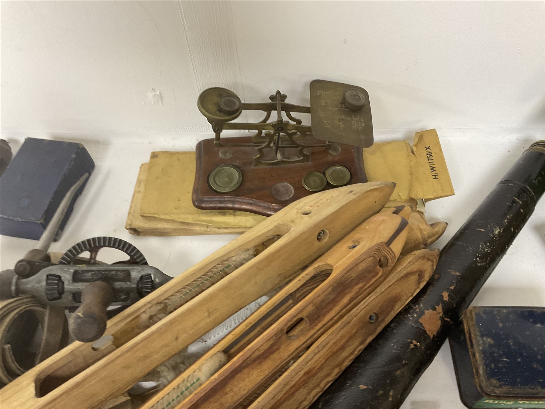 Brass telescope, together with various other collectables, to include mosley tie press, metal tins, oil cans etc 