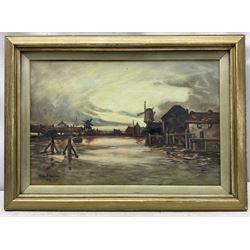 John L Leese (Early 20th century): Dutch Waterway with Windmills, oil on canvas signed and dated 1914, 30cm x 45