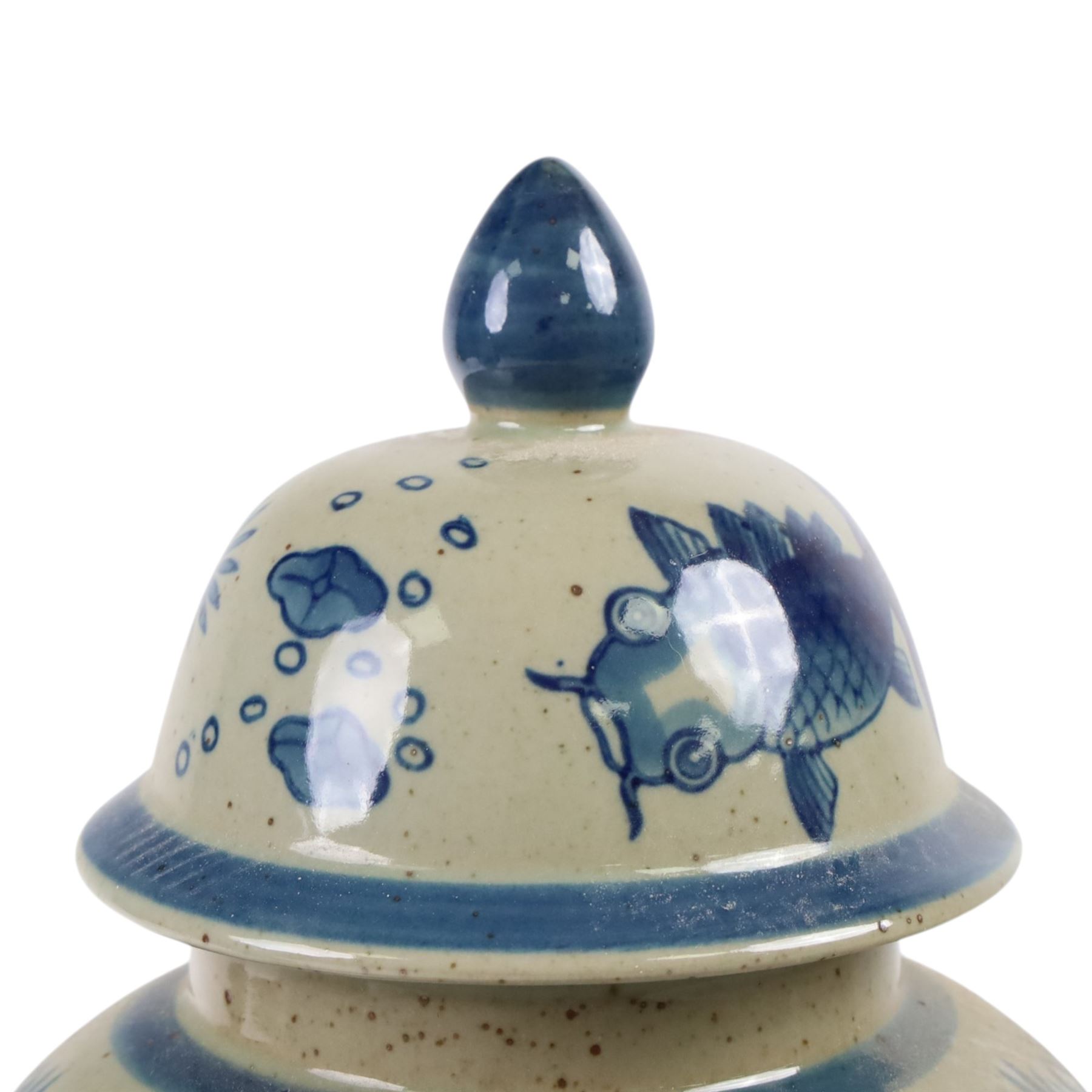 Pair of Chinese blue and white jars and covers, of baluster form, painted with fish and foliage H36cm