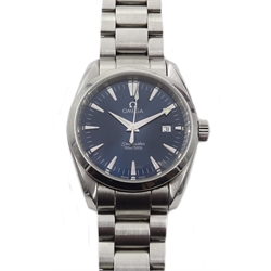  Omega Seamaster Aqua Terra gentleman's stainless steel quartz bracelet wristwatch, 1999 blue dial with date aperture, serial number 59186936, 36.2mm  