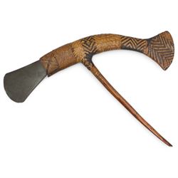 Papua New Guinea presentation ceremonial axe with greenstone head, with intricate fibre binding and wooden haft 77cm across together with a signed copy of Colin Simpson's book 'Adam in Plumes' in which the axe is illustrated 1954