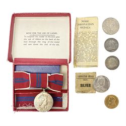 Commemorative medallions or medals including three Queen Victoria Diamond Jubilee small silver medallions, two King Edward VII 1902 Coronation medallions and a Queen Elizabeth II 1953 Coronation medal in red box