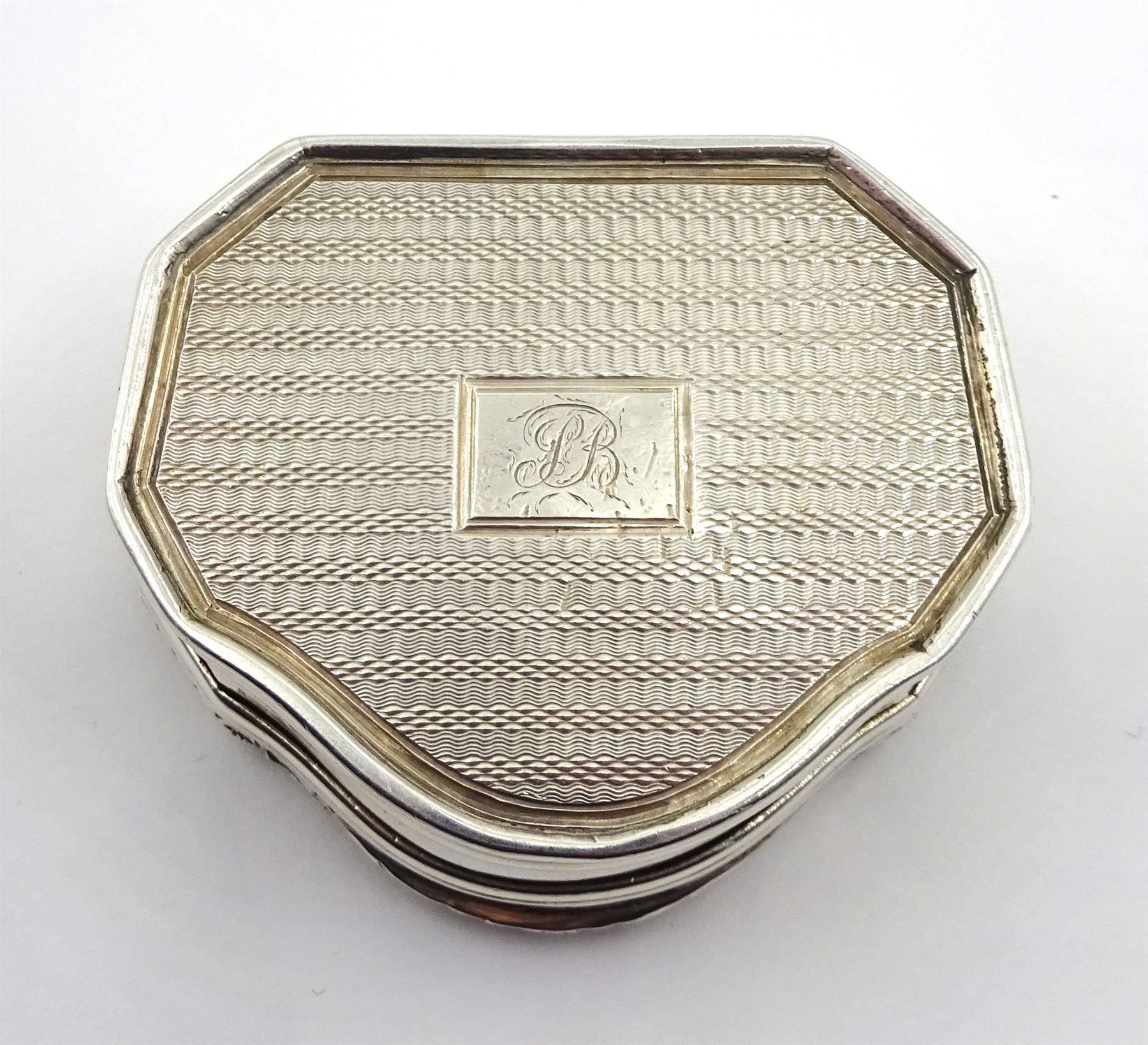 George III silver and agate snuff box, the base, engraved floral border and engine turned base with engraved monogram by Joseph Willmore, Birmingham 1797