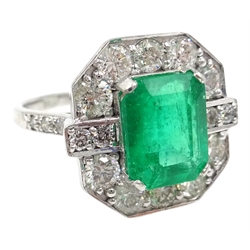  Emerald and diamond white gold ring, stamped 18ct emerald approx 3 carat, diamonds approx 1.6 carat   