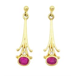 Pair of 18ct gold ruby and diamond pendant earrings, stamped 750
