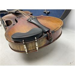Late 19th century French three-quarter size 'Conservatory' violin with 34cm two-piece maple back and ribs and spruce top, the peg box inscribed 'Conservatory Violin Straduari', bears label 'Antonius Stradiuarius Cremonensis Faciebat Anno 1721' L55.5cm overall; in ebonised wooden 'coffin' case