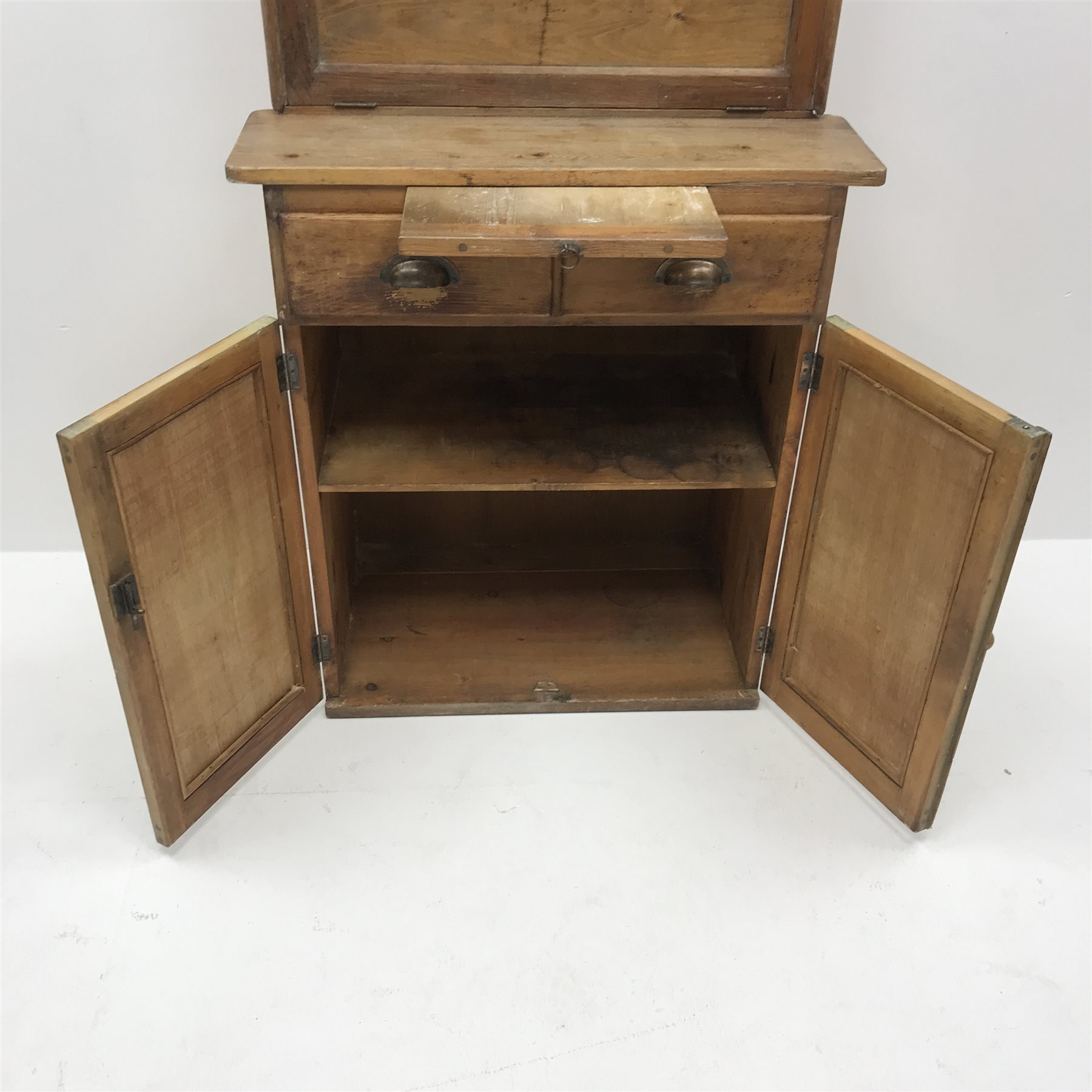 1920s Quicksey kitchen cabinet, two cupboards above fall front enclosing fitted interior, two drawers and two cupboards, W78cm, H181cm, D44cm