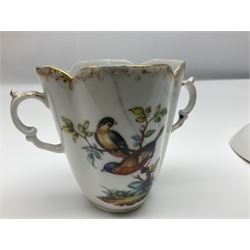 Helena Wolfsohn hot chocolate cup and saucer, each of quatrefoil shape painted with birds perched upon branches, butterflies and insects upon plain white ground with gilt foliate borders, both with underglaze blue AR mark beneath, saucer W13cm