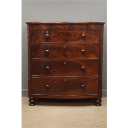  Early Victorian figured mahogany bow fronted chest, two short and three long drawers, rope twist quarter column uprights, W110cm, H122cm, D54cm  
