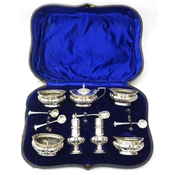  Edwardian silver seven piece condiment set by S Blanckensee & Son Ltd Birmingham 1903/4 cased (plus four spoons) 7oz  