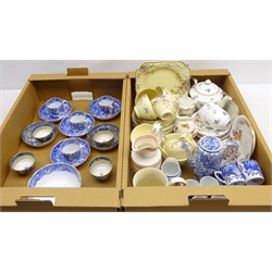  Three 19th century Willow pattern coffee cans and saucers, four tea bowls & two saucers and slop bowl, probably Miles Mason, 19th century Davenport jug with greek key borders, Noritake coffee set, Derby Posies small bowl and other decorative ceramics in two boxes  