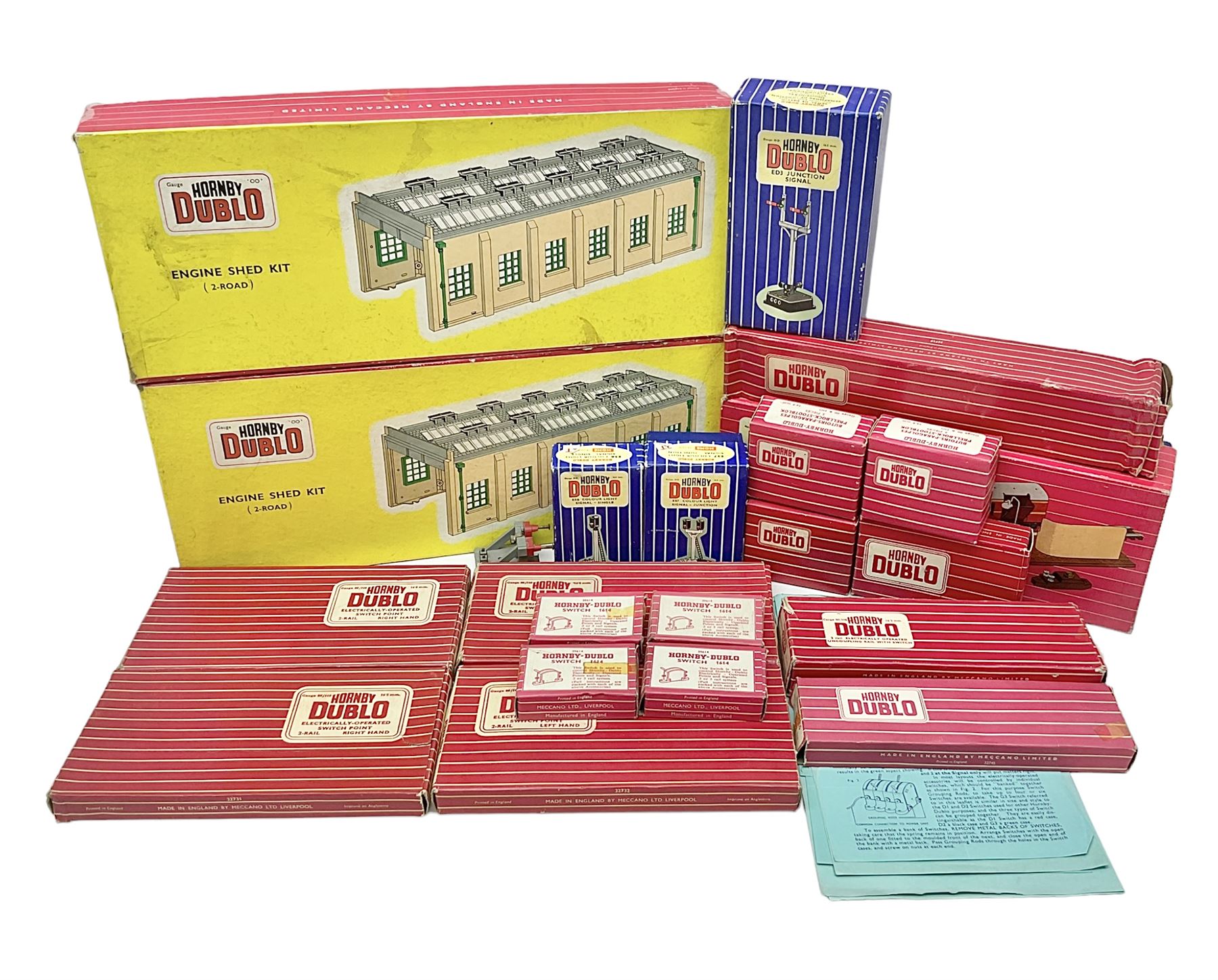 Hornby Dublo - 2-rail, 2400 TPO Mail Van Set; Engine Shed Kit - 2-Road (with additional empty box); four electrically operated switch points; uncoupling rails; buffer stops; three signals; loading gauge etc; all boxed