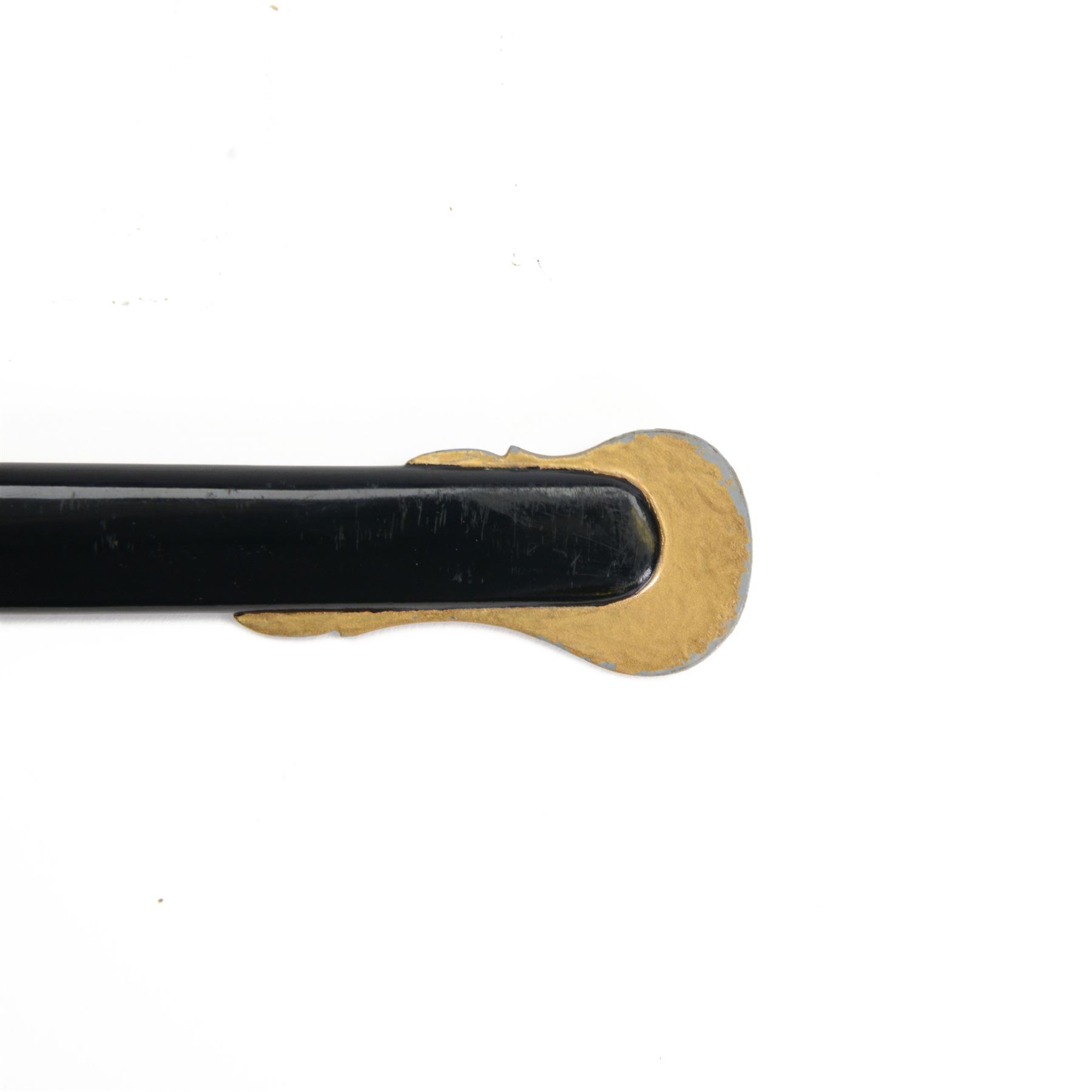 Prussian cavalry officer's sword, with 79cm etched curved blade double-edged towards the point, crossed swords insignia to langet, stirrup knuckle bow, wirebound black grip and lion's head pommel with inset ruby eyes and lion head to the quillon, in black painted steel scabbard with single suspension ring, overall L97cm