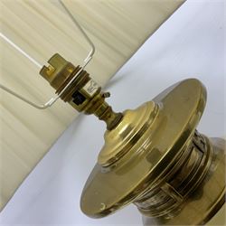 Pair of cream metal lamps, of baluster form upon a stepped circular base, with cream shades, without shade H50cm 