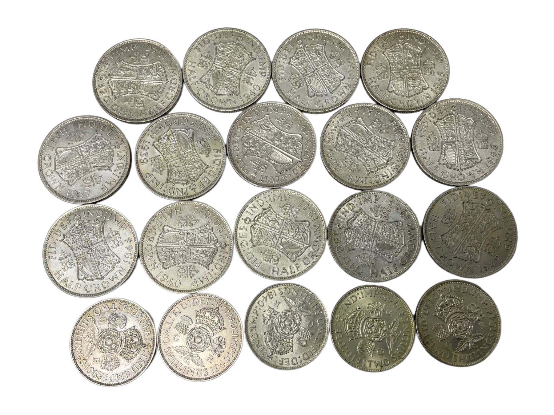 Pre 1947 Great British silver coins, comprising fourteen halfcrowns and five two shillings