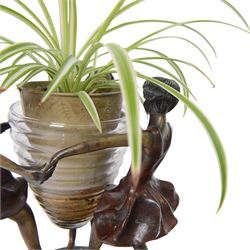 After Edouard Louis Collet: Circle of Three, bronze and glass centrepiece, H22cm