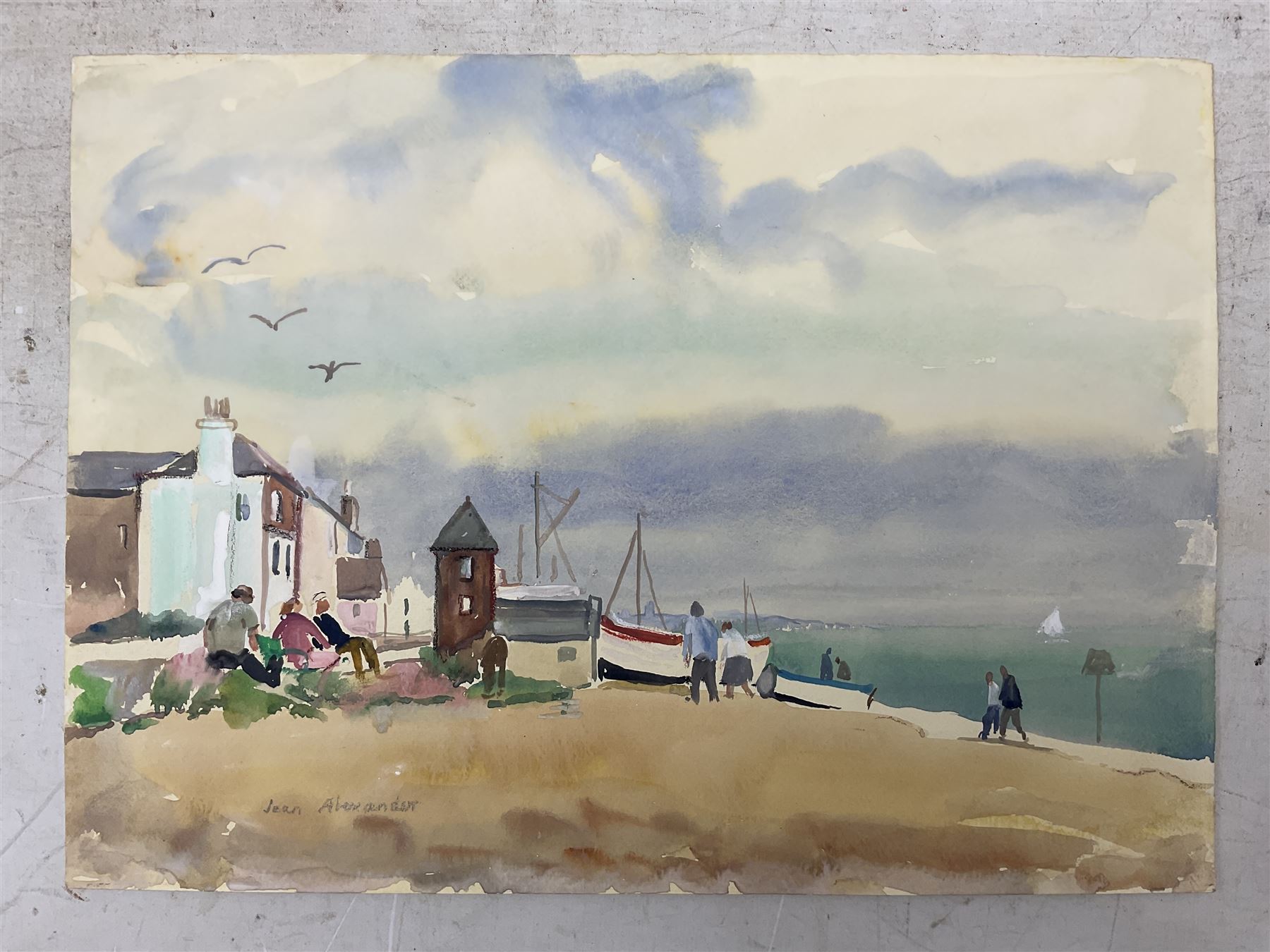 Jean Alexander (British 1911-1994): Views in Suffolk, comprising: 'Morning on the Shore - Aldeburgh July 1984', 'Sunshine on the Backwater - Aug '85 with Stephanie', 'Stormy Weather - High Sea near East Terrace Aug 1988', 'Walberswick - July 1990', 'Squally Weather near Bungay (outside Joan's house Broom Tuns) Jan 1990', 'Polzeath N. Cornwall - August 1989', and another untitled, watercolours, each signed, variously titled and dated verso, the titled 27.5cm x 37.5cm (unframed), the other 25cm x 27cm (mounted) (7)