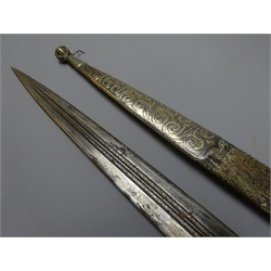  Late 19th century Russian Kindjal dagger with 34cm fullered double edge tapering steel blade, grip and part leather scabbard silver Niello work decroated with scrolls, L51cm   