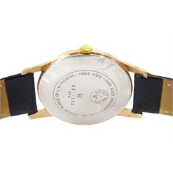 Cauny Prima gentleman's gold-plated and stainless steel manual wind wristwatch, black dial with dagger and Arabic hour markers and subsidiary seconds dial, on black leather strap