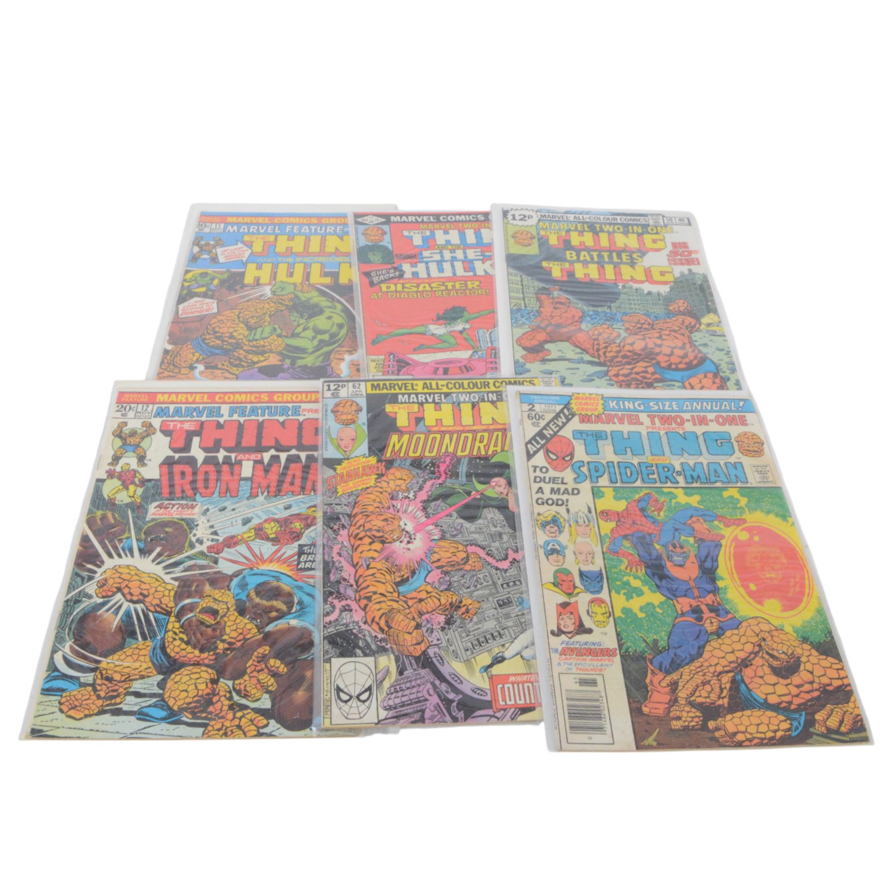 Thirty-five Marvel Bronze Age and later comic books, comprising sixteen 'The Avengers' #263, #274, #275, #276, #277, #278, #279, #281, #283, #285, #289, #291, #294, #295, #296, #297, King Size The Avengers Annual #7, 'Marvel One-Shot Thanos The Final Threat', 'Marvel Premiere Featuring Iron Fist' #24, True Believers 'Wolverine vs Hulk', 'The Thing' #1, four The Invincible Iron Man #59, #63, #71 and #100, eight Marvel Two in One 'The Thing' #2, #6, #11, #12, #18, #46, #50, #62 and #88 and one copy of 'The Sensational She-Hulk #4, mostly bagged