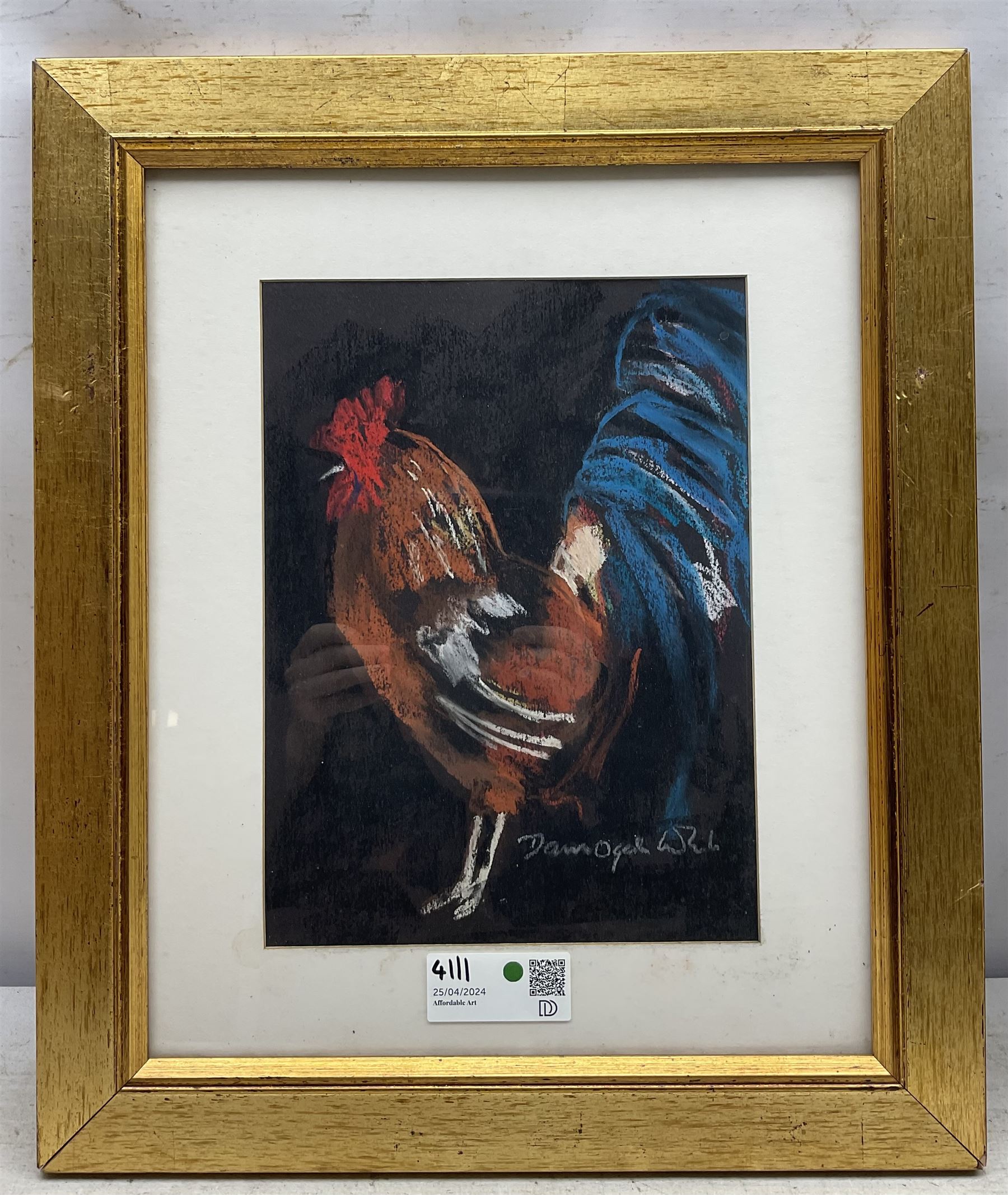 Ron Wagstaff (Northern British 20th Century): 'Heavy Lunch - Leopard', 'Cross County at Epworth', Draft Horses and The Farm, collection of four watercolours signed, variously titled verso; Dawn Ogel (British 20th Century): The Cockerel, pastel signed max 38cm x 35cm (5)