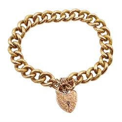 9ct rose gold curb link bracelet, with heart locket, stamped 9.375, approx 21.1gm 