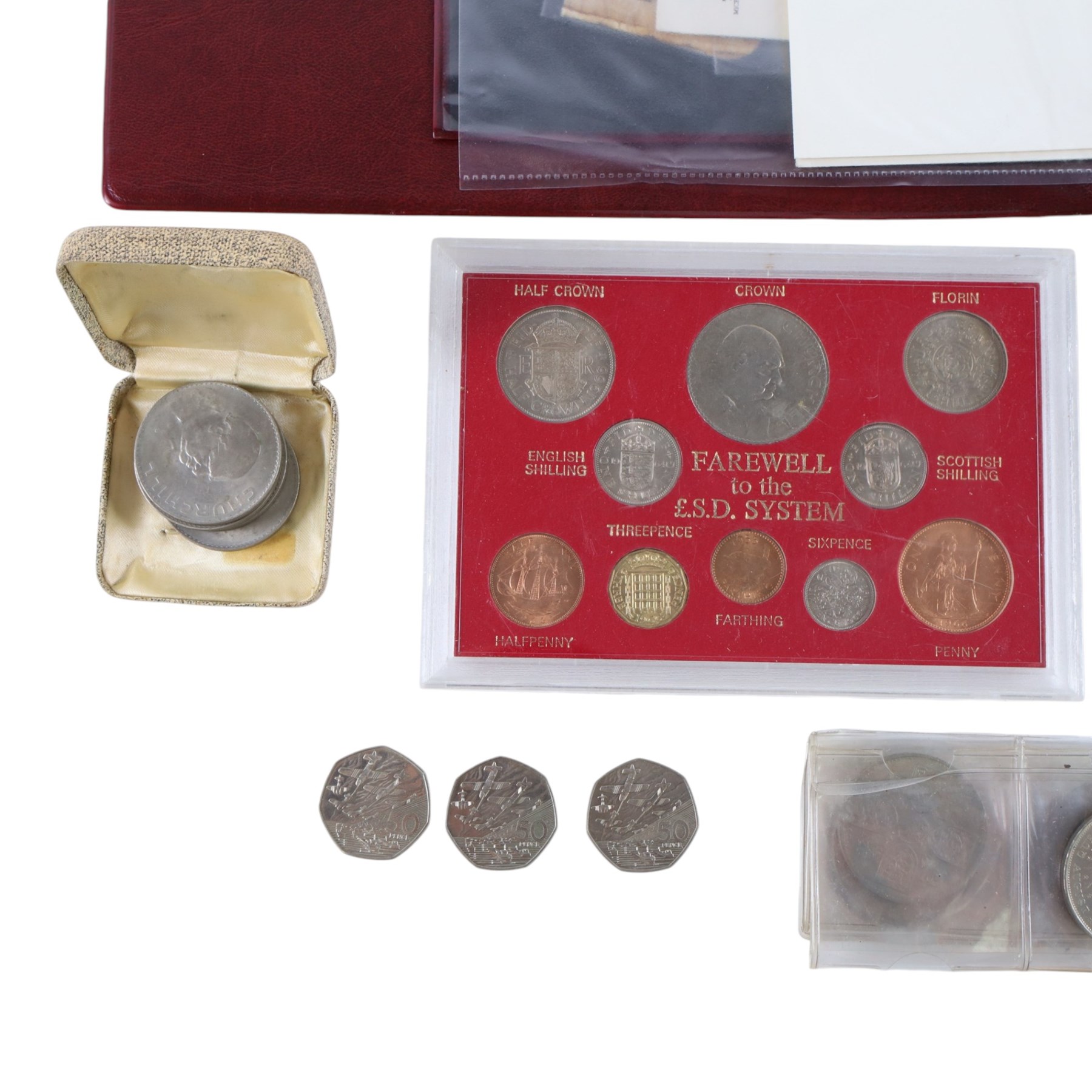 Great British coins and stamps, including a small quantity of Queen Elizabeth II mint decimal stamps, commemorative crowns, first day covers, etc