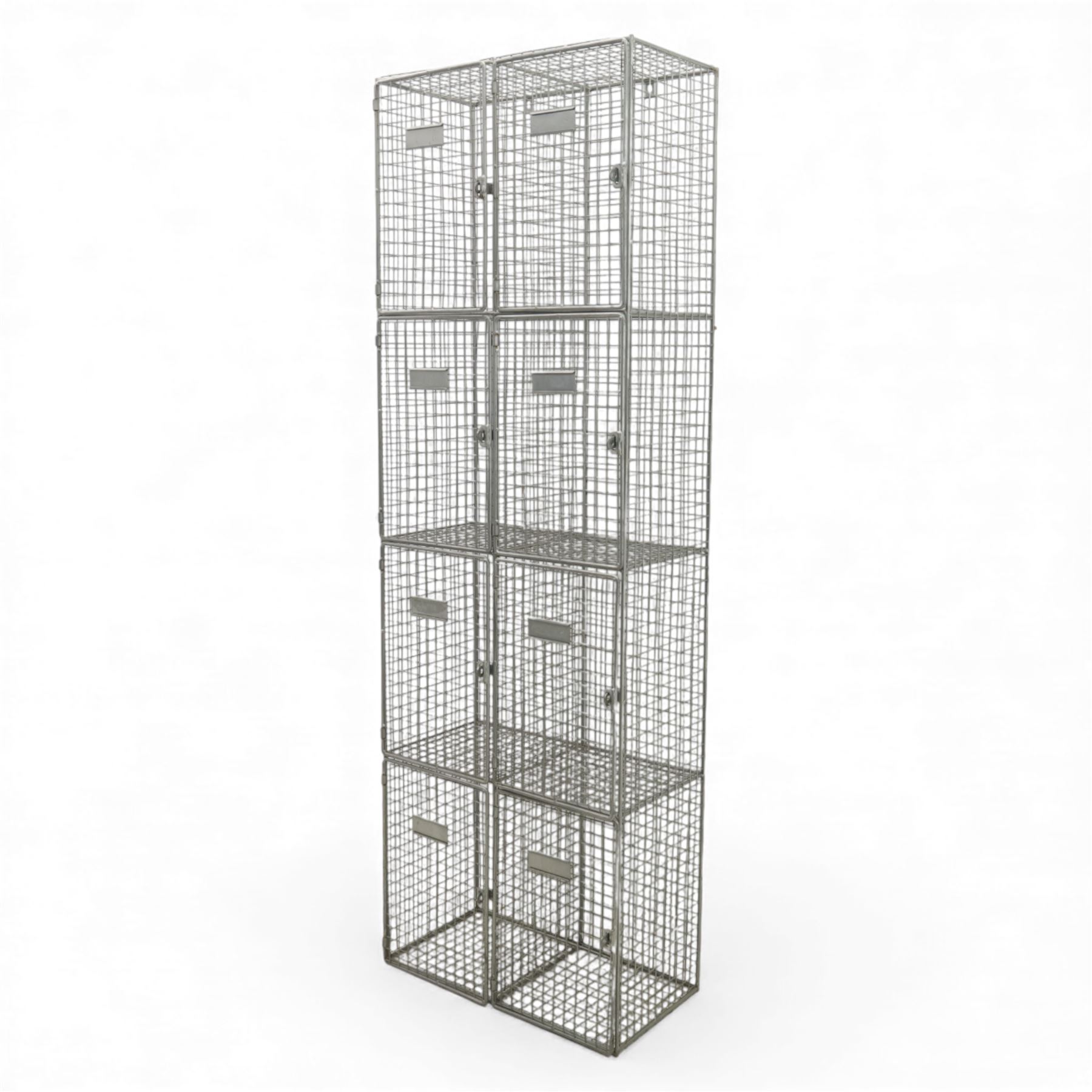 Mid-20th century industrial wire mesh locker, comprising eight compartments with hinged doors and metal label plates, galvanised finish 
